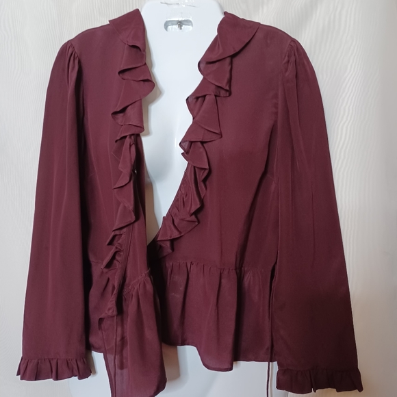 Madewell Burgundy Silk Ruffle- Hem Wrap Top With Tie. Size S - Picture 6 of 12